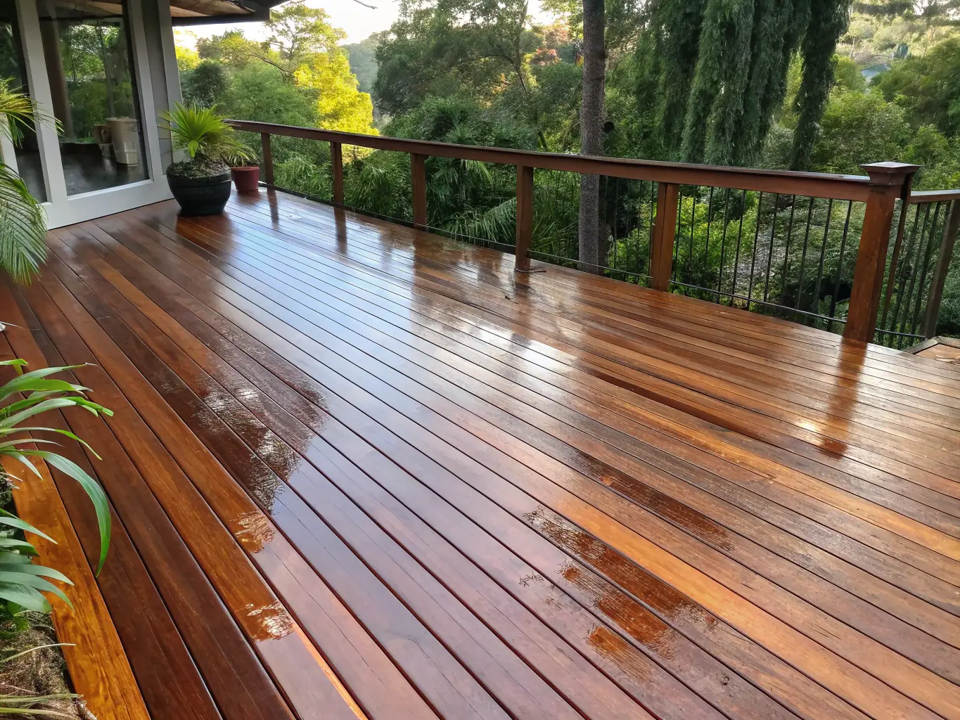 A pristine roof and a clean wooden deck with vibrant colors, illustrating the benefits of roof and deck cleaning.