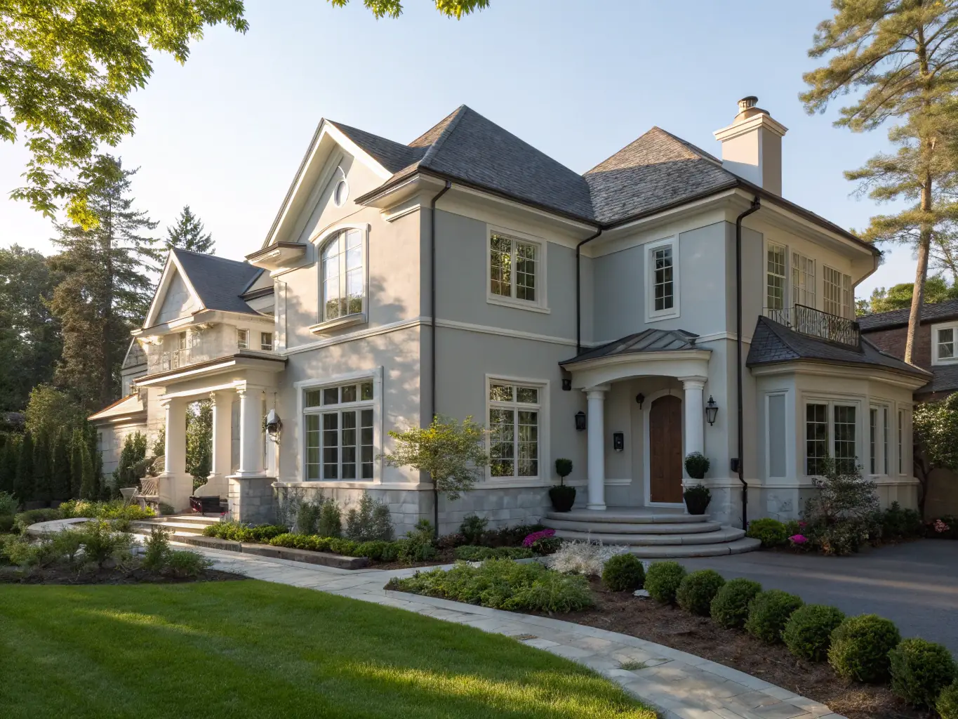 A clean, well-maintained house exterior with a sparkling driveway and fresh-looking siding, showcasing the results of residential pressure washing.